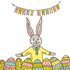 Cute bunny with colored eggs and garland of flags Happy Easter. Colorful animal character and element isolated on white background. Celebration, festive, congratulation.