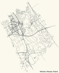 Fototapeta premium Black simple detailed street roads map on vintage beige background of the neighbourhood Wilanów district of Warsaw, Poland