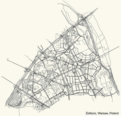 Black simple detailed street roads map on vintage beige background of the neighbourhood Żoliborz district of Warsaw, Poland