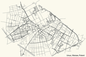 Black simple detailed street roads map on vintage beige background of the neighbourhood Ursus district of Warsaw, Poland