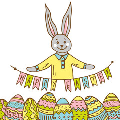 Cartoon funny bunny with garland of flags Happy Easter and colored eggs below. Colorful animal character element isolated on white background. Celebration, festive, congratulation. Hand drawn vector.