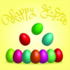 Set of Easter eggs 3d in shiny bright colors, vector drawing for design of a postcard for a spring holiday. A fun weekend with colorful patterns, April or May is a celebration.