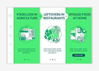 Food waste material types onboarding vector template. Spoiled food at home. Leftovers in cafeterias. Responsive mobile website with icons. Webpage walkthrough step screens. RGB color concept
