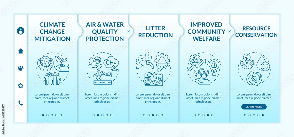 Poster biodegradable waste reduction benefits onboarding vector template. climate change mitigation. litter