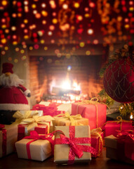 Xmas at home. Colorful gift boxes, bokeh blur burning fireplace background.