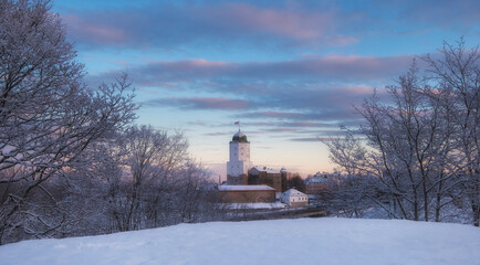 Castle in  Vyborg in winter,  top view from the hill above the city