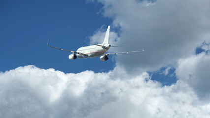 Fototapeta na wymiar Zoom photo of passenger airplane taking off in deep blue cloudy sky