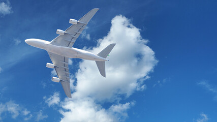 Fototapeta na wymiar Zoom panoramic photo of passenger plane flying above deep blue slightly cloudy sky