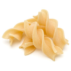 Italian  twisted pasta fusilli isolated on white background. Fusilloni, rotini.
