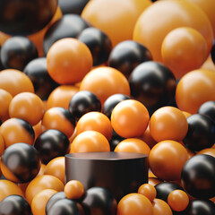 Minimal stage mock up. Black cylinder base. Pedestal for display. Empty product stand. Blank orange and black background stand full of balls. 3d render illustration