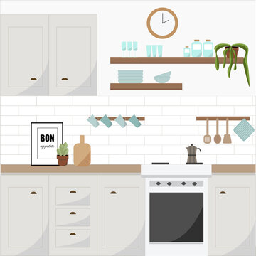 kitchen interior. Modern cozy kitchen interior, flat style, vector graphic design template 