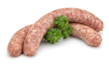 Raw sausage with parsley leaf isolated on white background