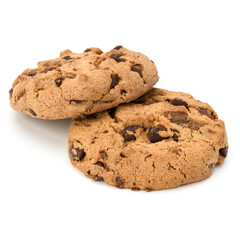 Two Chocolate chip cookies isolated on white background. Sweet biscuits. Homemade pastry.