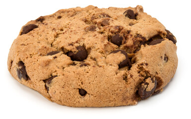 One Chocolate chip cookie isolated on white background. Sweet biscuit. Homemade pastry.