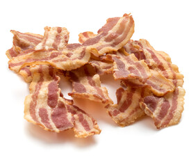 cooked crispy slices of bacon isolated on white background