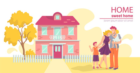 A happy young family standing against the background of their two-story country house. Mother, father, son and daughter enjoying their lifestyle. Flat cartoon vector illustration