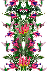 Fototapety  Seamless pattern with hummingbirds and tropical flowers. Trendy vector print.