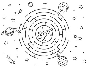 Space maze puzzle or Labyrinth game for kids. Coloring page with Tangled road. Outline cartoon rocket must find a way to the planets of the solar system. Coloring book for kids. Vector illustration