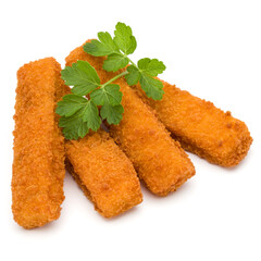 Crispy Fish fingers and parsley leaves  isolated on white background