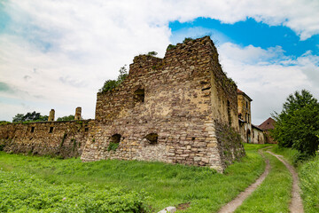 Fototapeta na wymiar Old ruined castle in green grass.