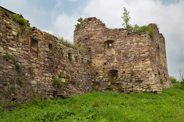 Old ruined citadel in green grass.