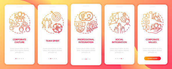 Team spirit onboarding mobile app page screen with concepts. Professional and social interrelation walkthrough 5 steps graphic instructions. UI vector template with RGB color illustrations