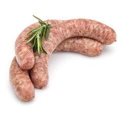 Raw sausage with rosemary leaf isolated on white background