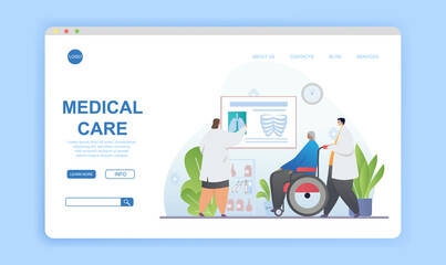 Medical care concept with doctors reviewing x-rays of male patient in wheelchair. Flat cartoon vector illustration. Website, web page, landing page template