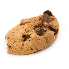 One broken Chocolate chip cookie isolated on white background. Sweet biscuit crumbs. Homemade pastry.
