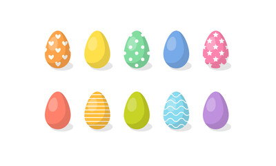 Vector set of easter eggs with different patterns on white background, rainbow colors for spring holiday.
