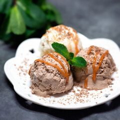 Ice cream ball on a platter, creamy ice cream with mint leaf