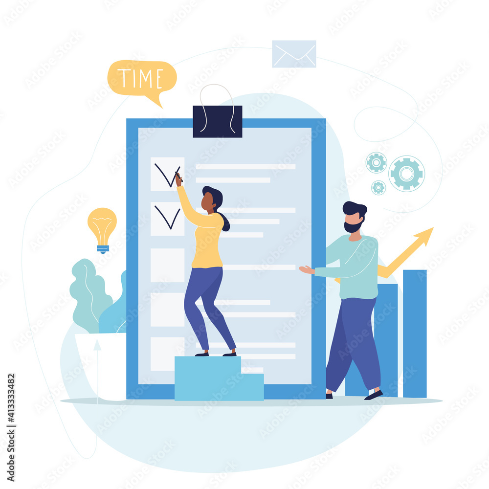 Poster productivity management abstract concept with to-do list and task strategy. work progress precise in