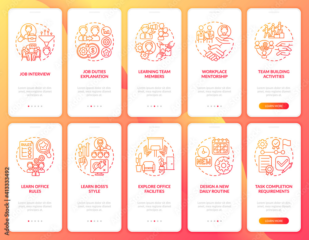 Poster design new daily routine onboarding mobile app page screen with concepts set. job interview walkthro