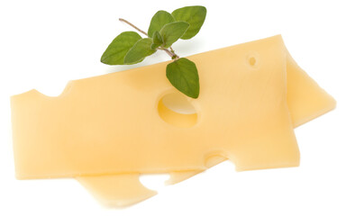 Cheese slice with oregano isolated on white background