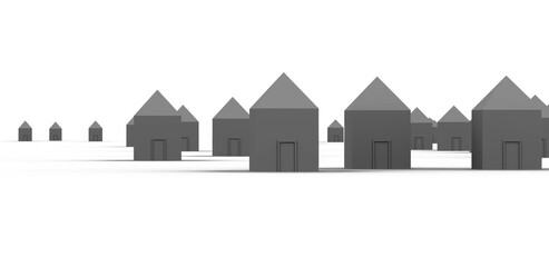 Casas pequeñas en volumen 3D. Casitas varias en color gris. Paisaje blanco. Maqueta