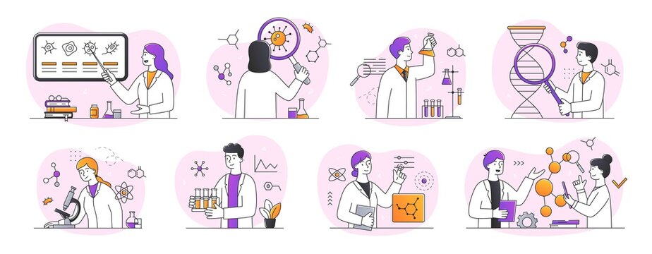 Collection of scientific research in laboratory abtsract concepts. Young scientists, chemists, doctors, microbiologists, work in laboratory. Set of outline minimal style flat vector illustrations