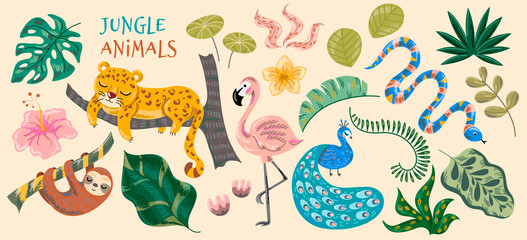 Abstract jungle background. Animals tiger, sloth, stork, peacock, snake, flamingo, heron, spots leaves, objects and textures. Hand-drawn artwork for poster greeting card. Cartoon vector illustration