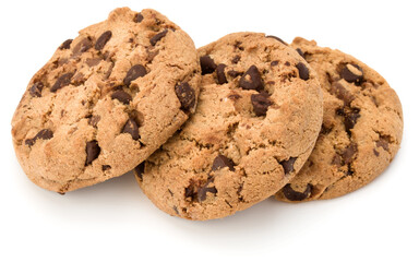 Three Chocolate chip cookies isolated on white background. Sweet biscuits. Homemade pastry.