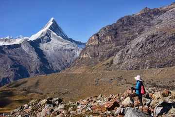 Foto op Plexiglas Alpamayo Trekking along the Artesonraju, the peak that inspired the Paramount Pictures logo, Santa Cruz trek, Cordillera Blanca, Ancash, Peru