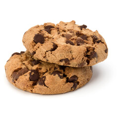 Two Chocolate chip cookies isolated on white background. Sweet biscuits. Homemade pastry.