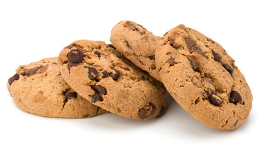 Chocolate chip cookies isolated on white background. Sweet biscuits. Homemade pastry.