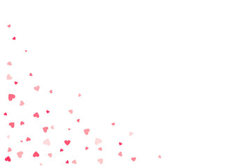 Pink hearts confetti of different sizes on a white background with copy space