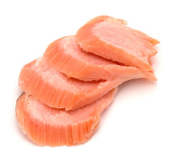 smoked salmon segments isolated on white background cutout. Prepared fish fillet fibres.