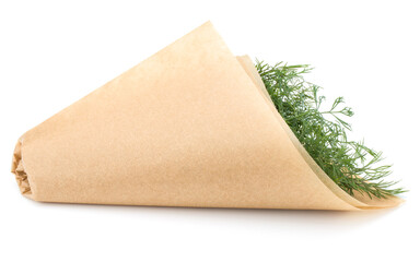 fresh green dill herb leaves bunch in cone of paper isolated on white background cutout