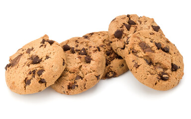 Chocolate chip cookies isolated on white background. Sweet biscuits. Homemade pastry.