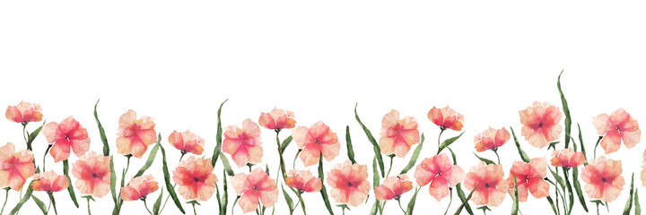 Nahtlose Aquarellgrenze mit orangefarbenen abstrakten Irisblumen und -blättern auf weißem Hintergrund, Sommerblumenillustration für Postkarten, Hochzeitsdekoration, Verpackung © Vasia_illi