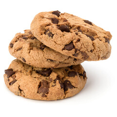 Three Chocolate chip cookies isolated on white background. Sweet biscuits. Homemade pastry.