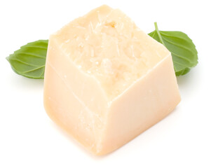 One parmesan cheese shred and basil leaf isolated on white background cutout