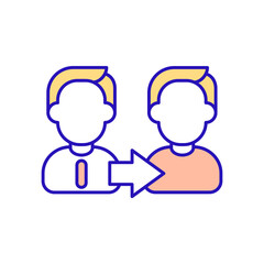 Division of job duties pink RGB color icon. Pass on professional experience. Co-workers and temporary teaching or work positions. Gain career experience. Isolated vector illustration