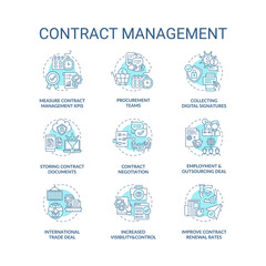 Contract management concept icons set. Contract lifecycle processes. Efficient management tips idea thin line RGB color illustrations. Vector isolated outline drawings. Editable stroke
